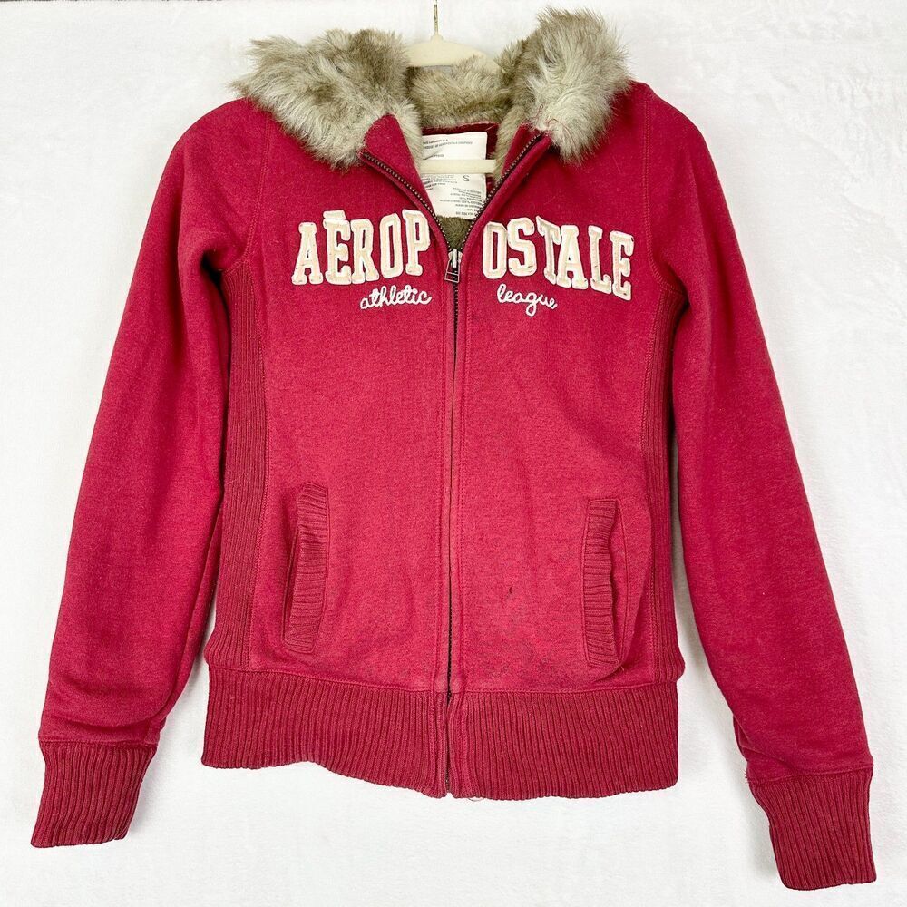 Aeropostale Vintage Y2K Faux Fur Lined Logo Full Zip Hoodie Size Small Maroon